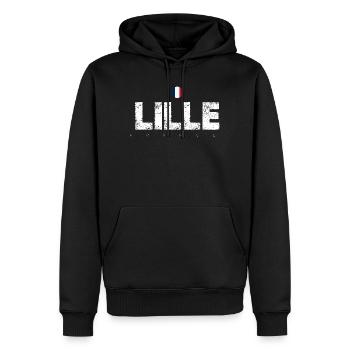Lille Frankreich Distressed Typografie - Männer Premium Bio Hoodie - Schwarz - Vorne - Nico (187cm)