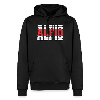 Alfio t-shirt gift idea stacked text - Men’s Premium Organic Hoodie - black - Front - Nico (187cm)