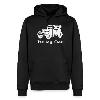 Motif de voiture ancienne avec lettrage - Sweat à capuche Premium bio Homme - noir - Devant - Nico (187cm)