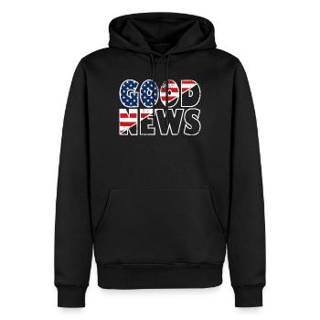GOOD NEWS Stars and Stripes Bibelvers Evangelium - Männer Premium Bio Hoodie - Schwarz - Vorne - Nico (187cm)