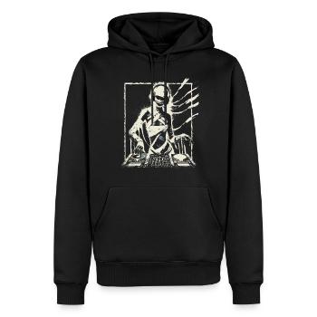 Futuristischer DJ mit Glitch-Effekten. - Männer Premium Bio Hoodie - Schwarz - Vorne - Nico (187cm)