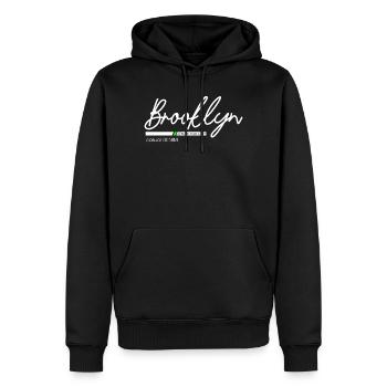 Stadtbild mit Neonlichtern und Bergblick - Männer Premium Bio Hoodie - Schwarz - Vorne - Nico (187cm)