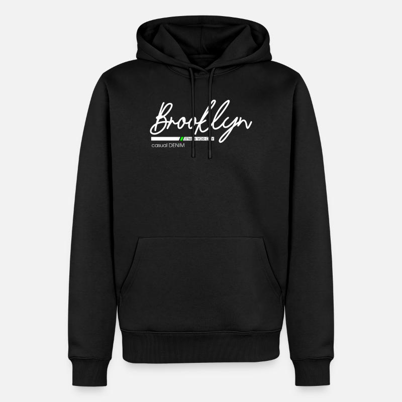 Stadtbild mit Neonlichtern und Bergblick - Männer Premium Bio Hoodie - Schwarz