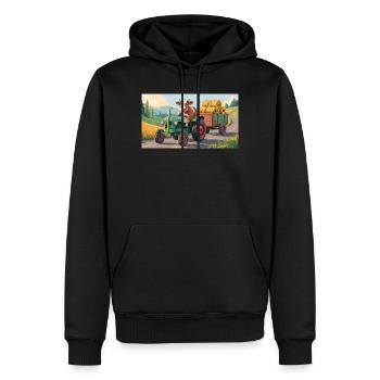 Vache sur tracteur vert avec chariot à foin - Sweat à capuche Premium bio Homme - noir - Devant - Nico (187cm)