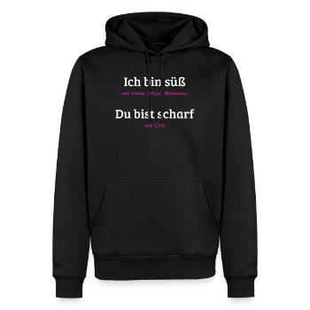 Süß mit Schuss Wahnsinn und Chili - Männer Premium Bio Hoodie - Schwarz - Vorne - Nico (187cm)