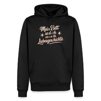Mein Bett und ich – eine echte Liebesgeschichte - Männer Premium Bio Hoodie - Schwarz - Vorne - Nico (187cm)