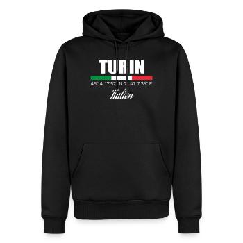 Turin - Männer Premium Bio Hoodie - Schwarz - Vorne - Nico (187cm)