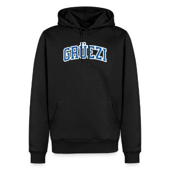 Grüezi in blau mit weissem Rand, Schweiz hallo - Männer Premium Bio Hoodie - Schwarz - Vorne - Nico (187cm)
