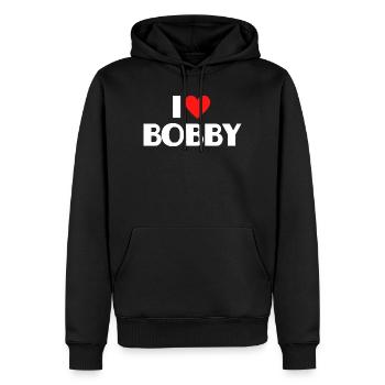 I Love Bobby Red Heart Retro Statement - Men’s Premium Organic Hoodie - black - Front - Nico (187cm)