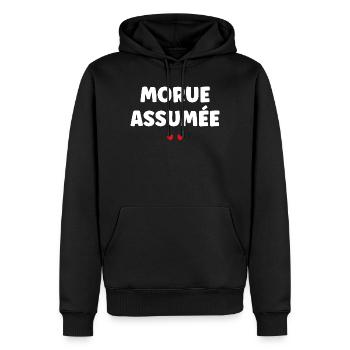Morue Assumée - Sweat à capuche Premium bio Homme - noir - Devant - Nico (187cm)