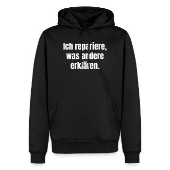 I fix what others explain - Men’s Premium Organic Hoodie - black - Front - Nico (187cm)