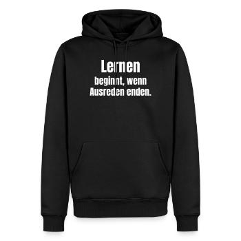 Learning begins when excuses end - Men’s Premium Organic Hoodie - black - Front - Nico (187cm)