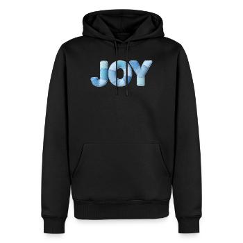 Blue Patchwork Joy Lettering - Men’s Premium Organic Hoodie - black - Front - Nico (187cm)