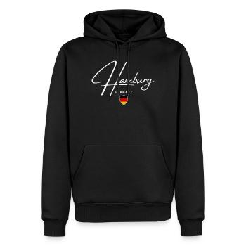 Hamburg, Deutschland, elegantes Design Hamburg - Männer Premium Bio Hoodie - Schwarz - Vorne - Nico (187cm)
