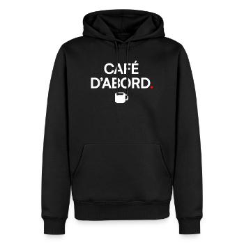 CAFÉ D’ABORD | Humour café - Sweat à capuche Premium bio Homme - noir - Devant - Nico (187cm)