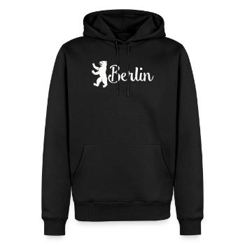 Berlin Bär Logo Schriftzug - Männer Premium Bio Hoodie - Schwarz - Vorne - Nico (187cm)