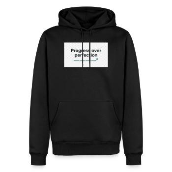 Typography_design_text_progress_over_perfectio - Sweat à capuche Premium bio Homme - noir - Devant - Nico (187cm)
