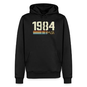 Mai 1984 - Sweat à capuche Premium bio Homme - noir - Devant - Nico (187cm)