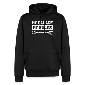 Mon garage, mes règles, amoureux de voitures, gars de voitures, mécanicien. - Sweat à capuche Premium bio Homme - noir - Devant - Nico (187cm)