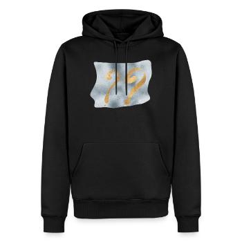 Points d’interrogation dorés sur fond bleu - Sweat à capuche Premium bio Homme - noir - Devant - Nico (187cm)
