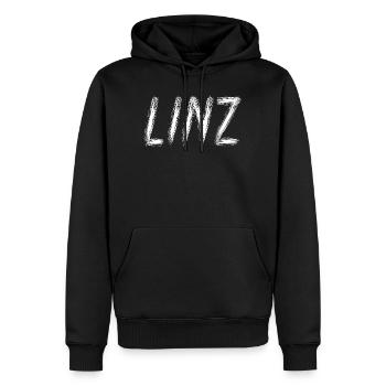 Linz, Österreich – Typografie der Pinselstrichstadt - Männer Premium Bio Hoodie - Schwarz - Vorne - Nico (187cm)