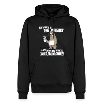 Faultier Spruch – War mal motiviert - Männer Premium Bio Hoodie - Schwarz - Vorne - Nico (187cm)