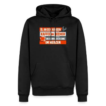 Öl an den Händen, Kaffee im Becher - Männer Premium Bio Hoodie - Schwarz - Vorne - Nico (187cm)