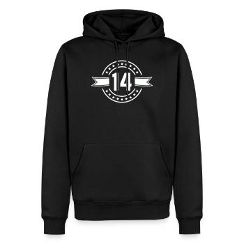 Conception anniversaire du badge n°14 - Sweat à capuche Premium bio Homme - noir - Devant - Nico (187cm)