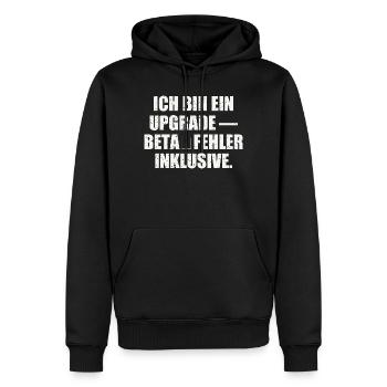 ICH BIN EIN UPGRADE — BETA‑FEHLER INKLUSIVE - Männer Premium Bio Hoodie - Schwarz - Vorne - Nico (187cm)