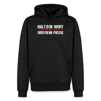Halt dein Wort oder Fresse – Frecher Spruch - Männer Premium Bio Hoodie - Schwarz - Vorne - Nico (187cm)