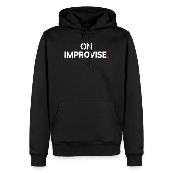 Wir improvisieren - Männer Premium Bio Hoodie - Schwarz - Vorne - Nico (187cm)