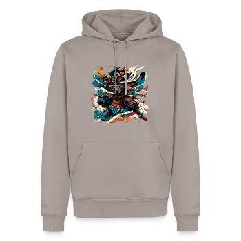 Japanese Samurai Warrior Ukiyo e - Men’s Premium Organic Hoodie - taupe - Front - Nico (187cm)
