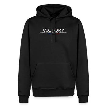 Victory EVERY SUCCESS HAS A NAME KEEP TRYING V2 - Men’s Premium Organic Hoodie - black - Front - Nico (187cm)