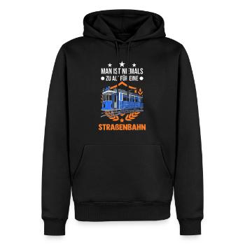 Man ist niemals zu alt für eine Straßenbahn - Männer Premium Bio Hoodie - Schwarz - Vorne - Nico (187cm)