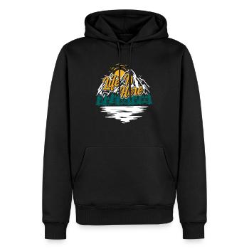 Das Leben ist hier Naturliebhaber Wandern Camping - Männer Premium Bio Hoodie - Schwarz - Vorne - Nico (187cm)