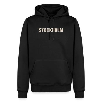 STOCKHOLM – Typographie architecturale nordique - Sweat à capuche Premium bio Homme - noir - Devant - Nico (187cm)