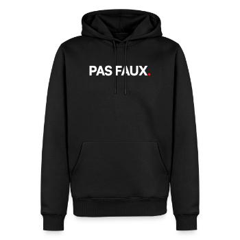 PAS FAUX | Expression humour minimaliste - Sweat à capuche Premium bio Homme - noir - Devant - Nico (187cm)