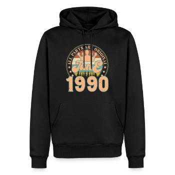 Juin 1990. Cadeau d’anniversaire juin 1990. June - Sweat à capuche Premium bio Homme - noir - Devant - Nico (187cm)