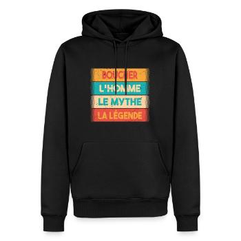 Boucher, L'homme, Le mythe, cadeau boucher. - Sweat à capuche Premium bio Homme - noir - Devant - Nico (187cm)