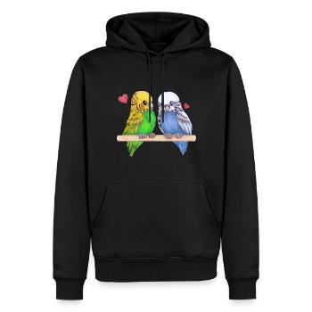 Niedlicher Wellensittich Pärchen mit Herzen - Männer Premium Bio Hoodie - Schwarz - Vorne - Nico (187cm)