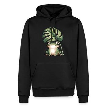Grenouille mignonne sous la grande feuille de monstera - Sweat à capuche Premium bio Homme - noir - Devant - Nico (187cm)