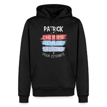 Patrick l'homme le mythe la légende - Sweat à capuche Premium bio Homme - noir - Devant - Nico (187cm)
