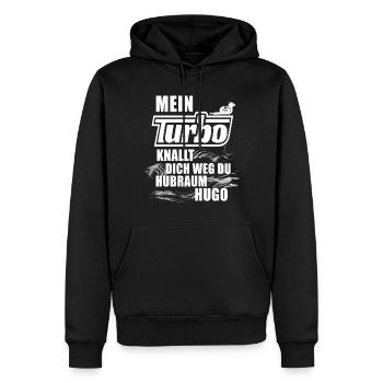 Mein Turbo knallt dich weg du Hubraum Hugo - Männer Premium Bio Hoodie - Schwarz - Vorne - Nico (187cm)
