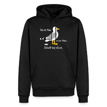 Das ist Möwe. Sei wie Möwe. Scheiß auf alles - Männer Premium Bio Hoodie - Schwarz - Vorne - Nico (187cm)