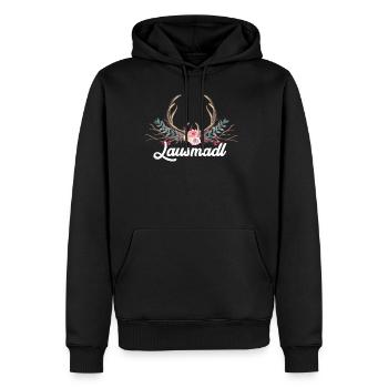 Lausmadl,Geweih Hirsch Bayern,Bayrisch Dialekt - Männer Premium Bio Hoodie - Schwarz - Vorne - Nico (187cm)