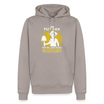 Der tut nix, der will nur in den Garten! - Männer Premium Bio Hoodie - Taupe - Vorne - Nico (187cm)