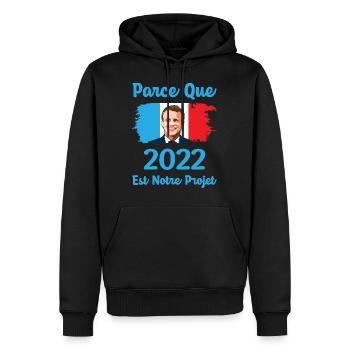 Parce que 2022 est notre projet macron souriant - Sweat à capuche Premium bio Homme - noir - Devant - Nico (187cm)