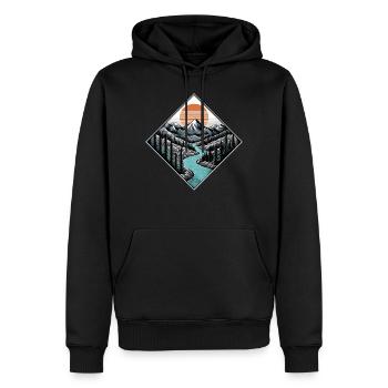 Illustration vintage montagnes par coucher de soleil en forêt - Sweat à capuche Premium bio Homme - noir - Devant - Nico (187cm)