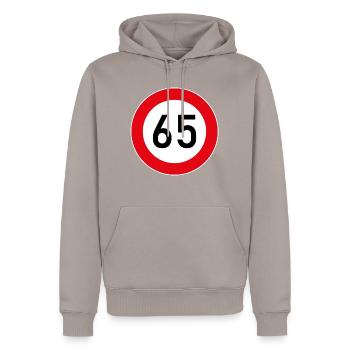65 pension - Men’s Premium Organic Hoodie - taupe - Front - Nico (187cm)