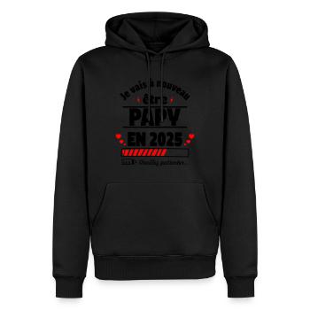 Papy à nouveau 2025,Annonce Grossesse,papi,papy - Sweat à capuche Premium bio Homme - noir - Devant - Nico (187cm)